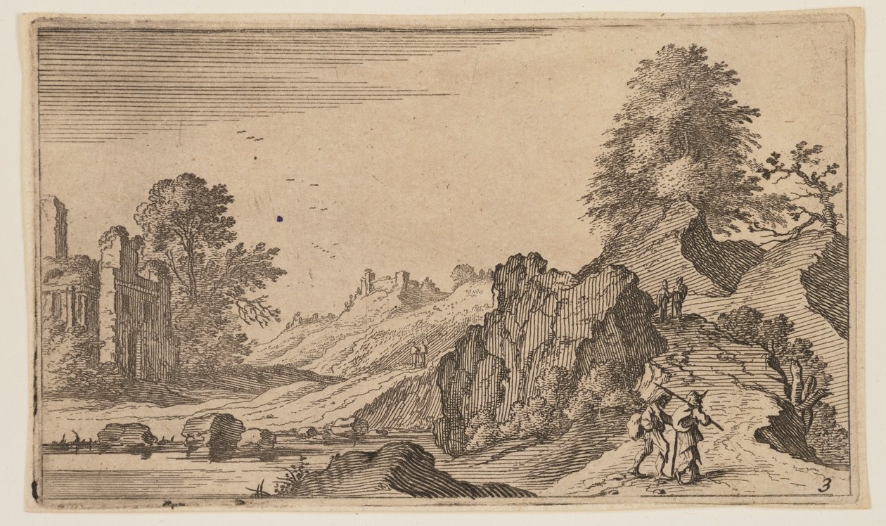 Piétons sur un chemin près de rochers, ruines au-delà de l