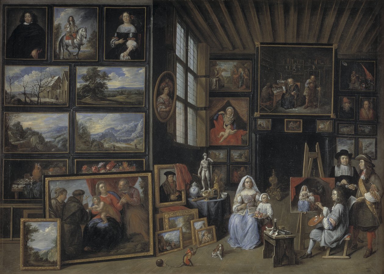 Une galerie de tableaux avec un artiste peignant une femme et une fille. Allégorie de l