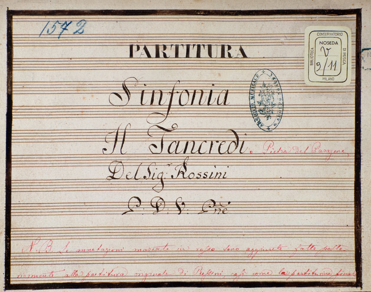 Partition pour la symphonie réduite pour piano de Tancredi, opéra de Gioacchino Rossini - Gioachino Rossini