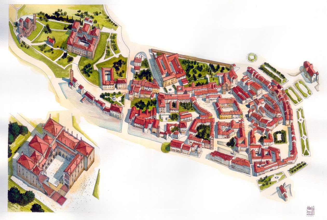 Vue aérienne de la ville de Guimaraes : à gauche, le château et le monastère construits au 11e siècle. Portugal. Illustration de Giorgio Albertini. (L