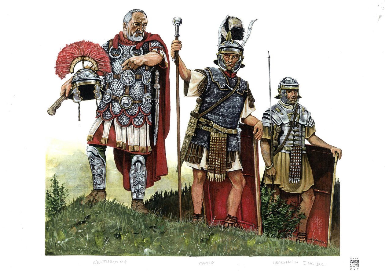 Rome antique : un centurion, un optio (messager entre centurions et décurions) et un légionnaire. 2e siècle - Giorgio Albertini