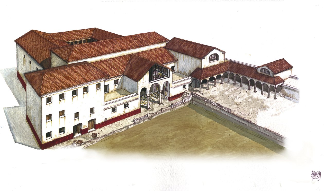 Rome antique : reconstitution de la Villa des Lions (Casa ou domus dei Leoni) à Ostia Antica (Ostie), IIIe siècle av. Italie Illustration de Giorgio Albertini. (L