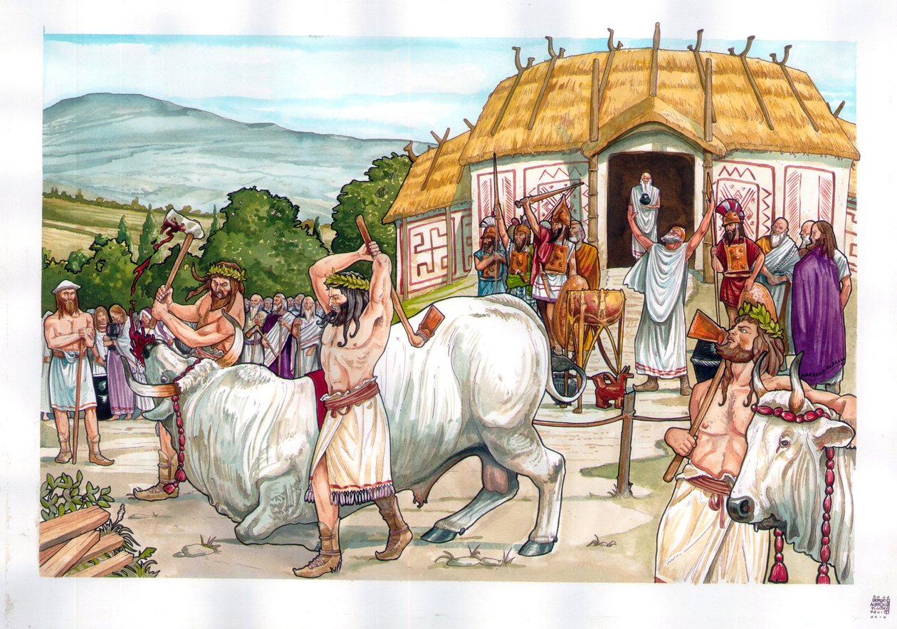 Rome antique : cérémonie de sacrifice au temple de Jupiter sur le mont Albain (Albanus mons ou Monte Albano) près de Rome, Italie. - Giorgio Albertini