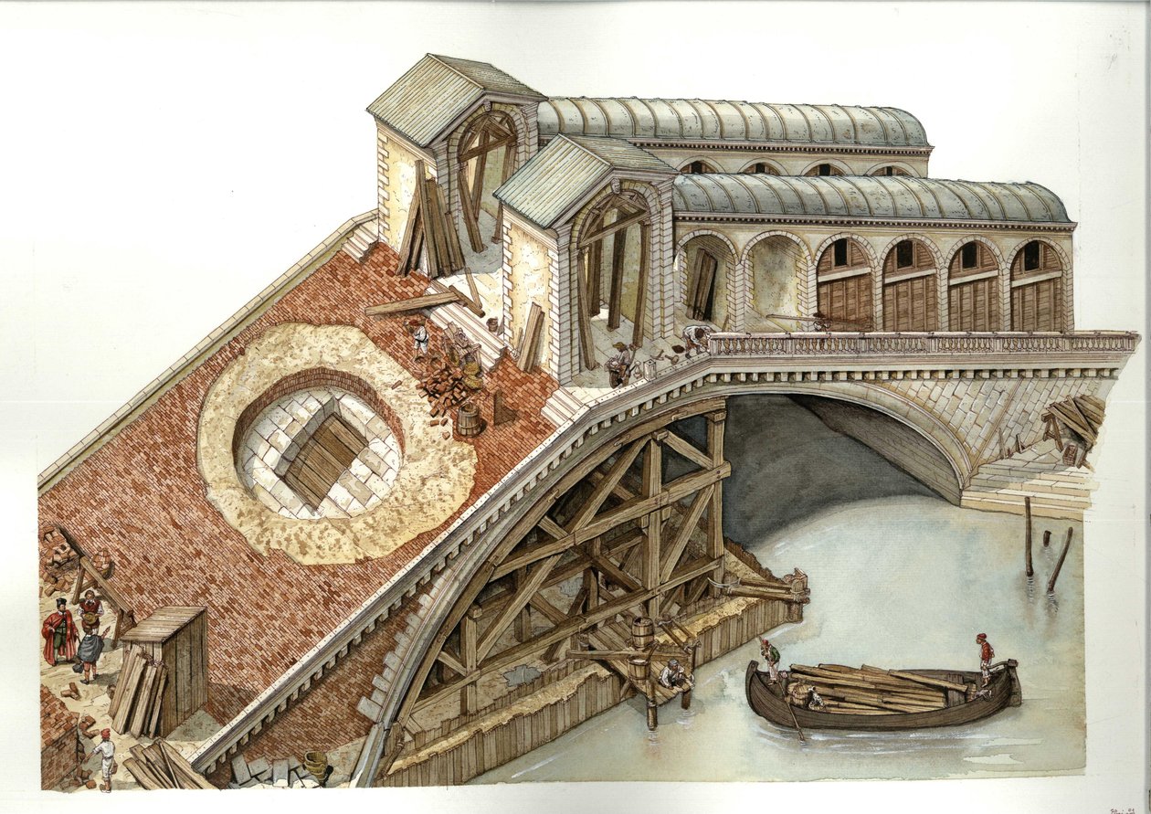 Architecture : chantier de construction du Pont du Rialto en 1588-1591 a Venise, Italie. Illustration de Giorgio Albertini. (L