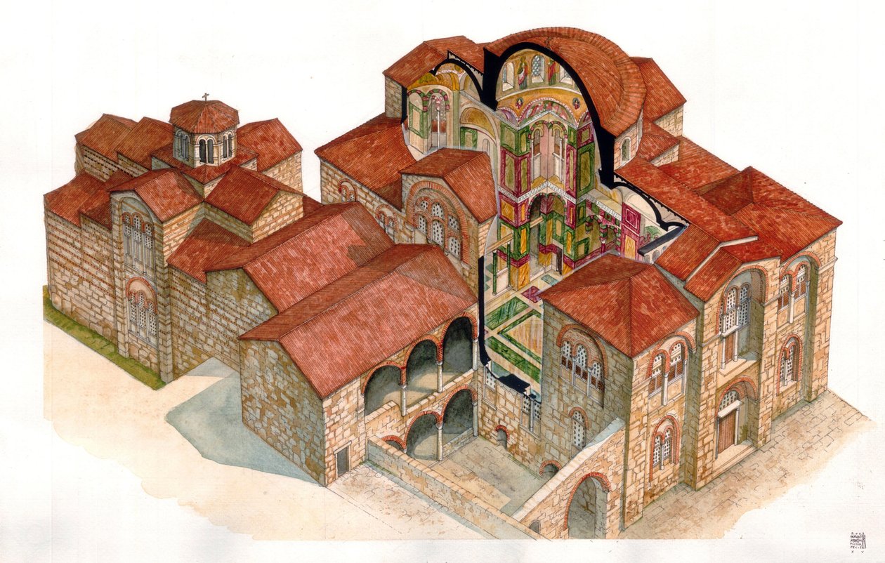 Art byzantin : vue et coupe architecturale du monastère de Hosios Loukas (Osios Lukas ou Luckas), construit au XIe siècle. Grèce - Giorgio Albertini