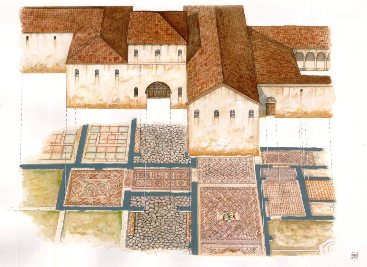 Art byzantin : vue du site de la Domus des tapis de pierre (dei tappeti di pietra) à Ravenne (Ravenne) au VIe siècle, composé de mosaïques d