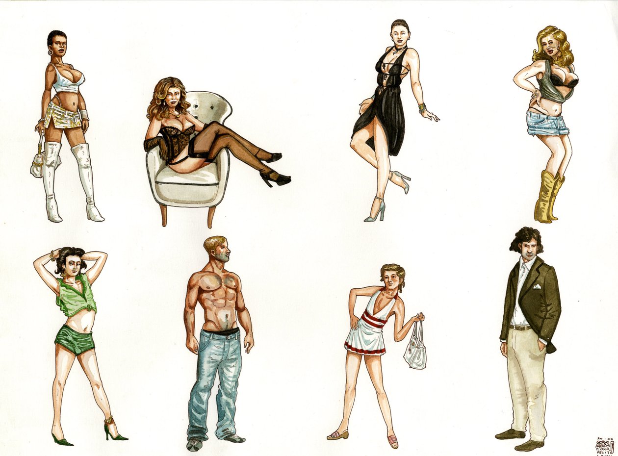 Costumes de prostituées et de gigolos aux attitudes provocantes et aux styles différents. - Giorgio Albertini