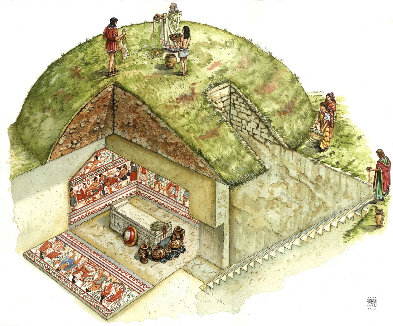 Civilisation étrusque : reconstruction et découpage de la tombe de Triclinio (triclinium), nécropole de Tarquinia. Ve siècle avant J.-C. Italie Illustration de Giorgio Albertini. - Giorgio Albertini