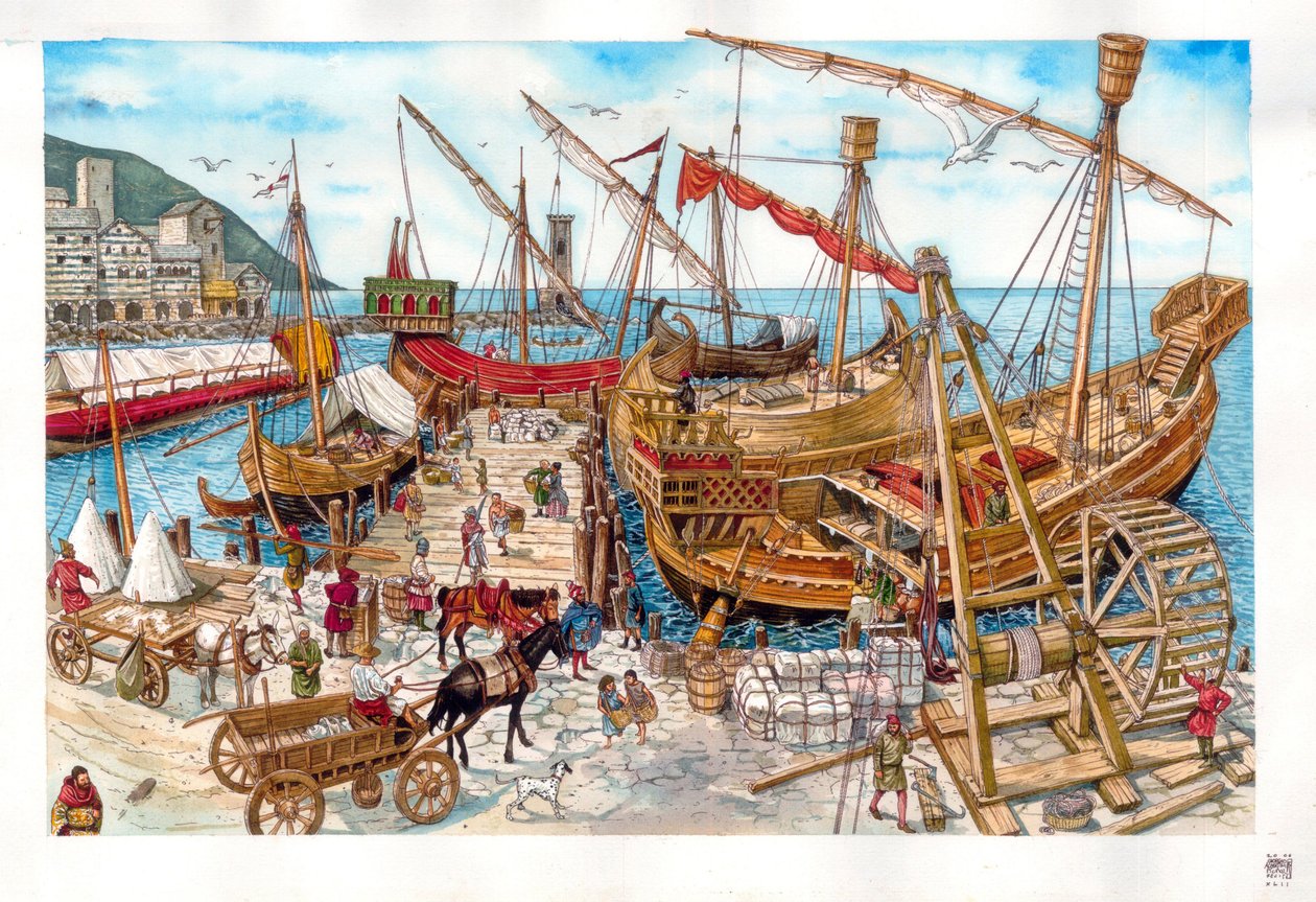 Moyen Âge : activités commerciales, chargement de bateaux, dans un port de la région de Ligurie. Italie 14e siècle - Giorgio Albertini