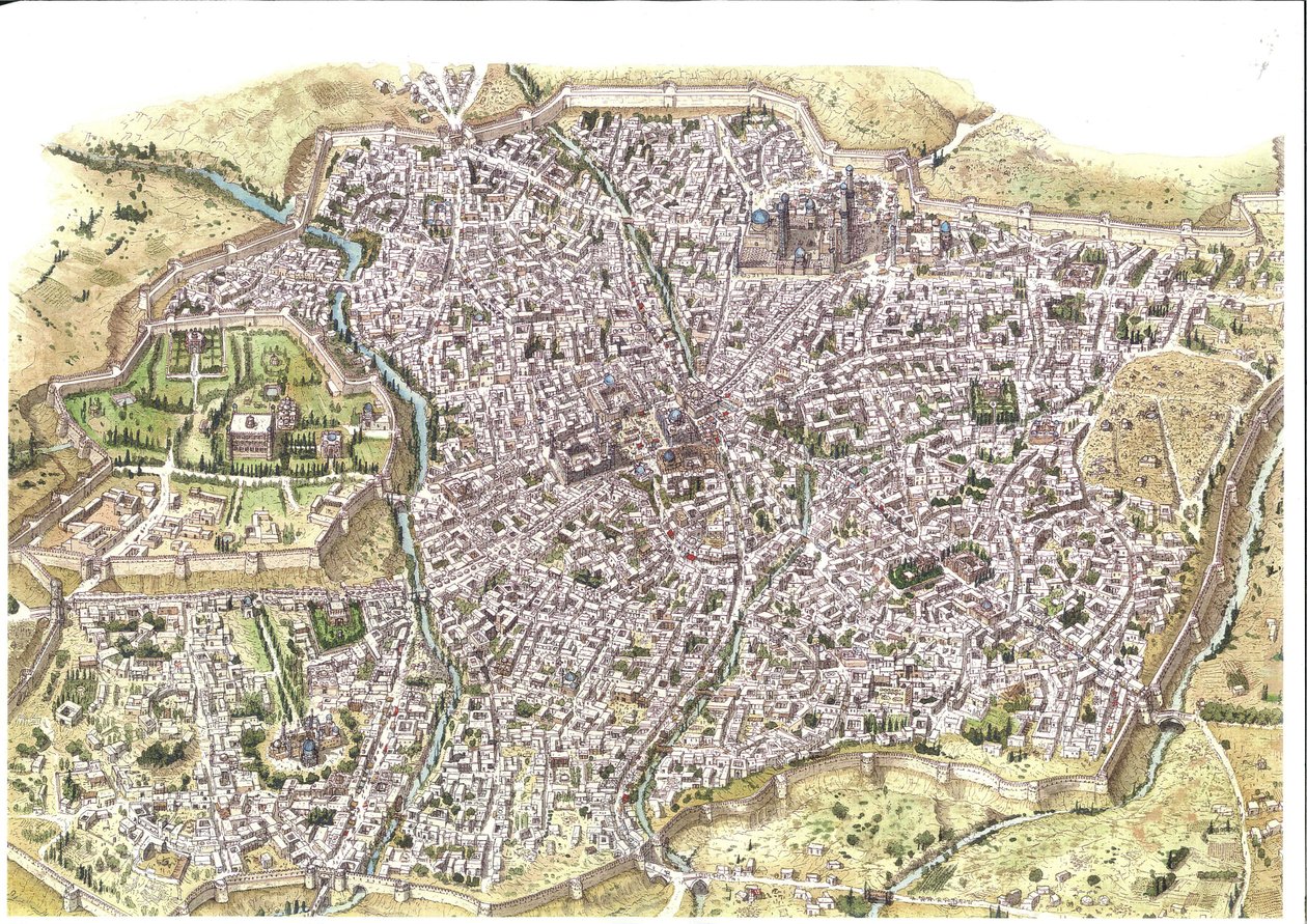 Moyen Âge : vue aérienne détaillée de la ville de Samarcande (Samarkand), les remparts sont visibles, en Ouzbékistan à l