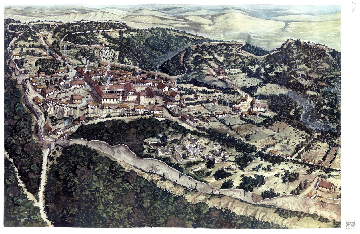 Moyen Âge : vue de la ville médiévale de Volterra, entourée de remparts, au Xe siècle. Toscane. Italie Illustration de Giorgio Albertini. (L