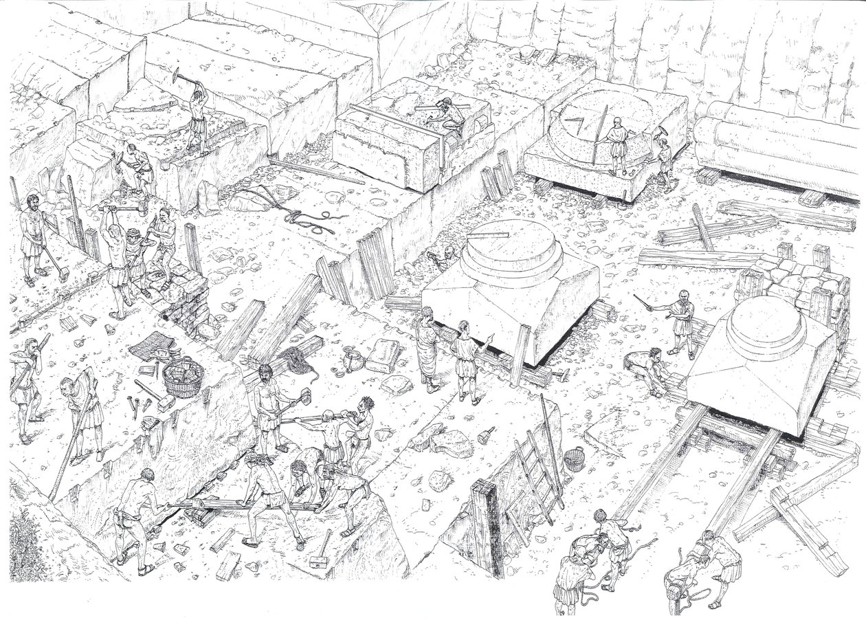 Moyen Âge : vue représentant des ouvriers travaillant dans les carrières de marbre de Carrare (Carrara) au XVe siècle. Italie Illustration de Giorgio Albertini. (L