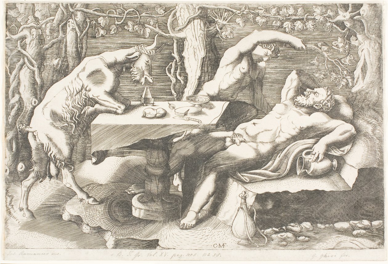 Satyre essayant de réveiller Silène avec une vigne - Giorgio Ghisi