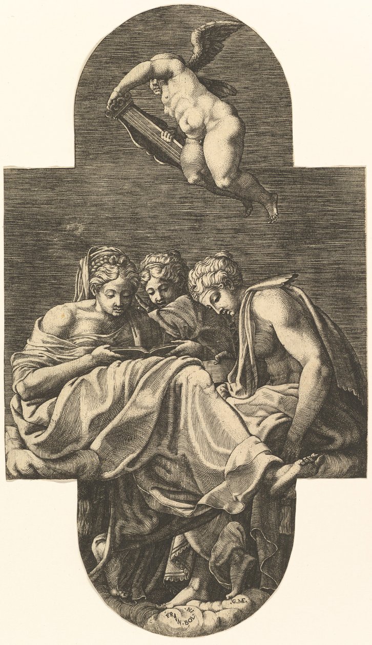 Trois Muses et un putto au-dessus avec une lyre, d