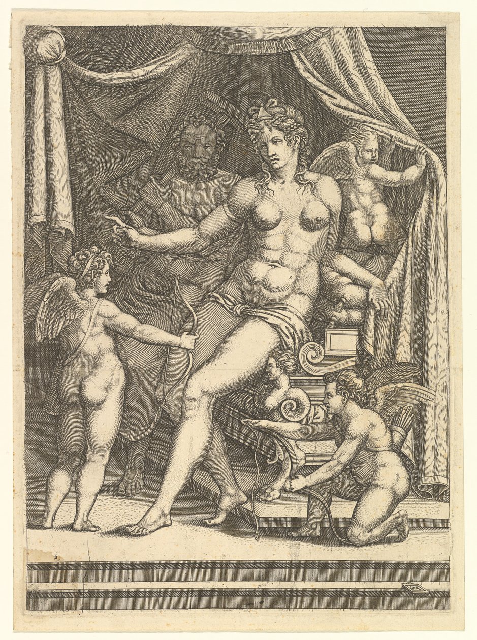Vénus et Vulcain assis sur un lit et trois putti, milieu des années 1550 - Giorgio Ghisi