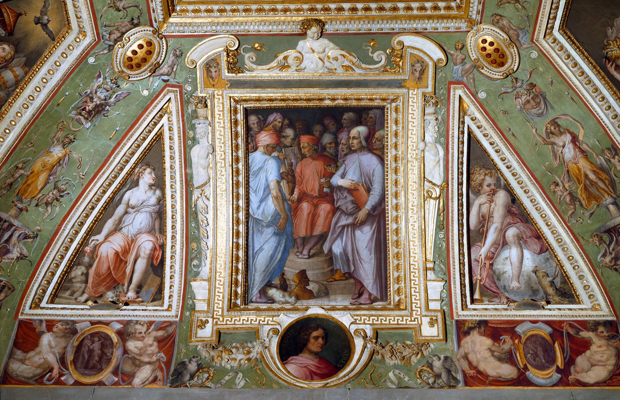 (détail) de la salle de Cosimo de Medicis se représentant avec des artistes et des intellectuels - Giorgio Vasari