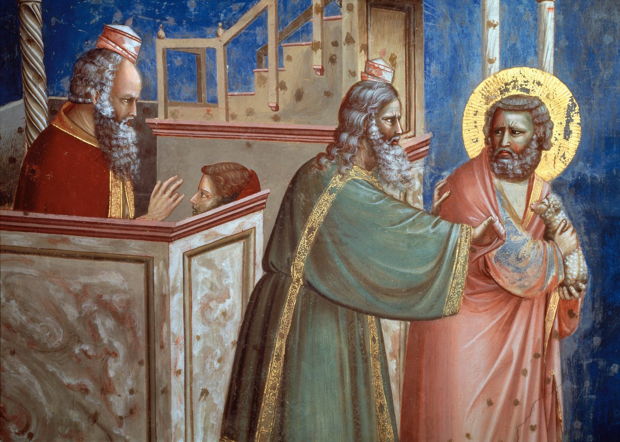 Le prêtre rejetant Joachim venu avec un agneau pour le sacrifier. Détail de la vie de Sainte Anne et Saint Joachim (fresque) - Giotto (c.1266 1337)