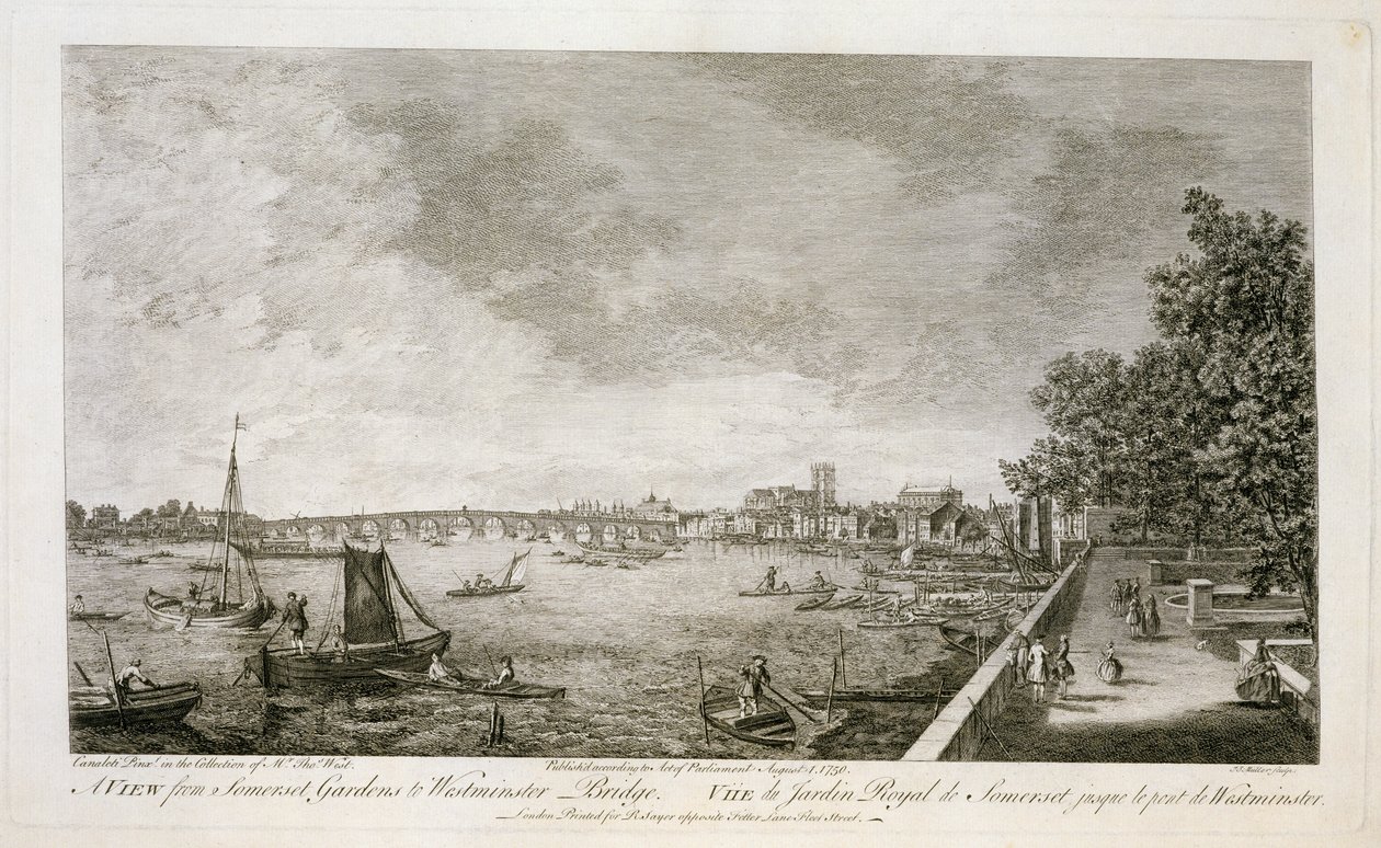 Vue des jardins de Somerset vers le pont de Westminster, gravée par Johann Sebastian Mueller (vers 1715-92) 1750 - Giovanni Antonio Canal