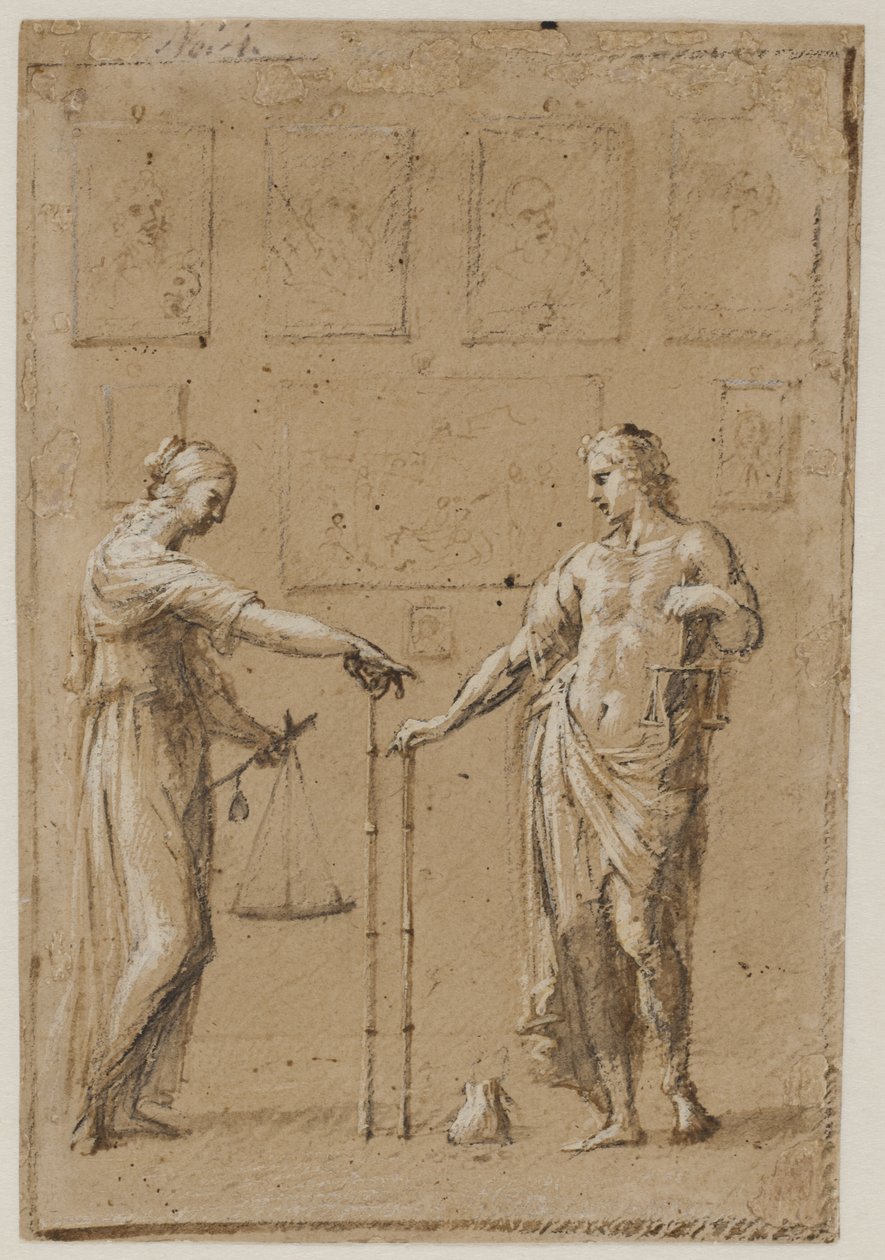 Un homme et une femme en costumes antiques, chacun avec des balances et une règle, devant un mur avec des peintures. Une bourse sur le sol devant l