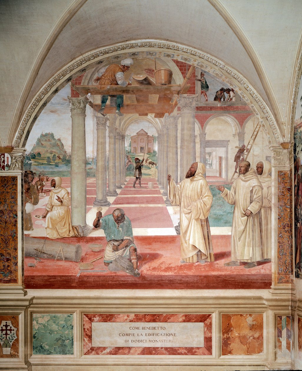 Benoît construit douze monastères fresque du cloître réalisée par Antonio Bazzi dit il Sodoma racontant la vie de Saint Benoît de Nursie, fondateur de l