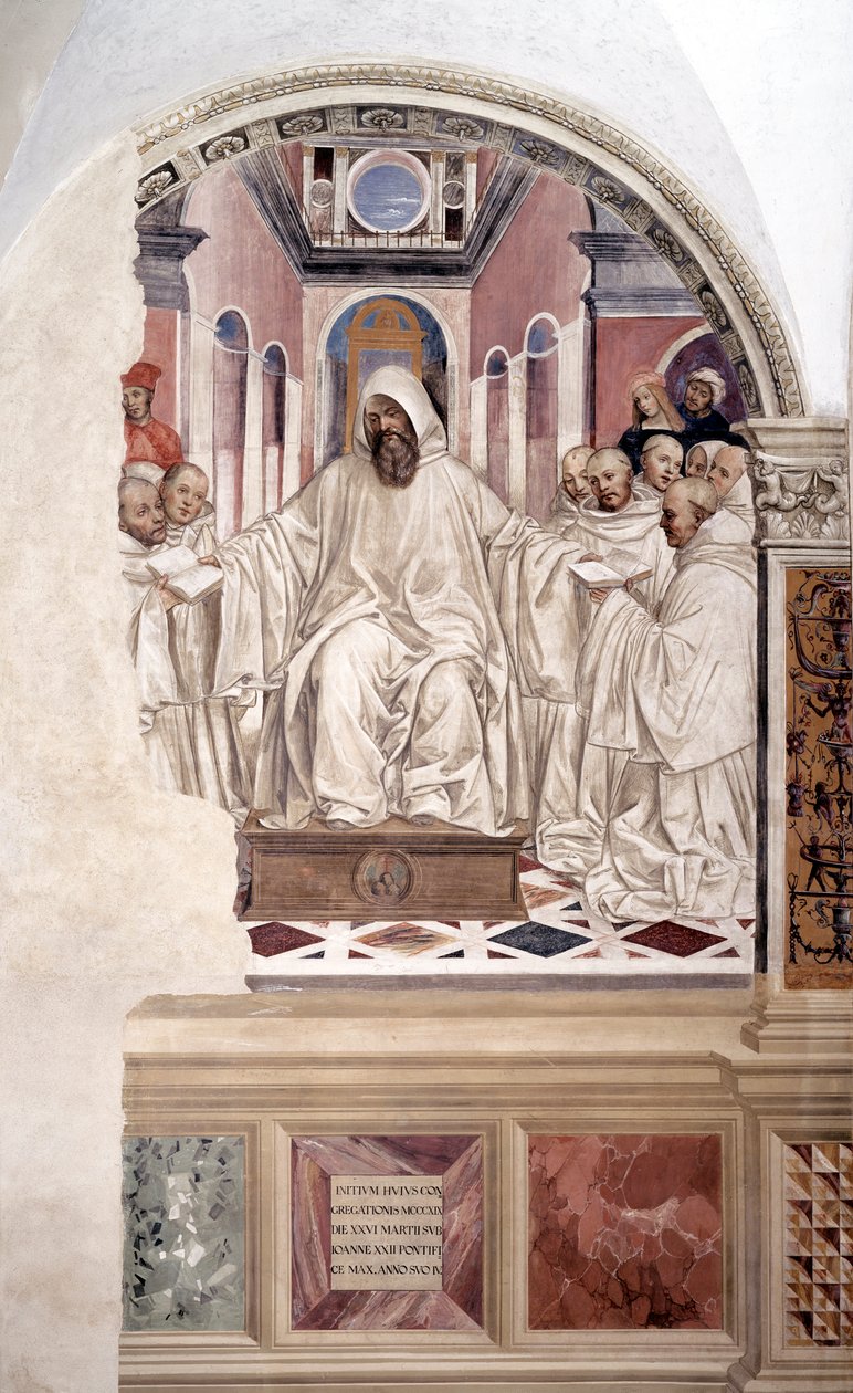 Saint Benoît donne la règle aux moines (Benoît donne la règle aux moines) fresque du cloître réalisée par Antonio Bazzi dit il Sodoma (1477 - 1549) racontant la vie de Saint Benoît de Nursie (480 - 567) fondateur de l
