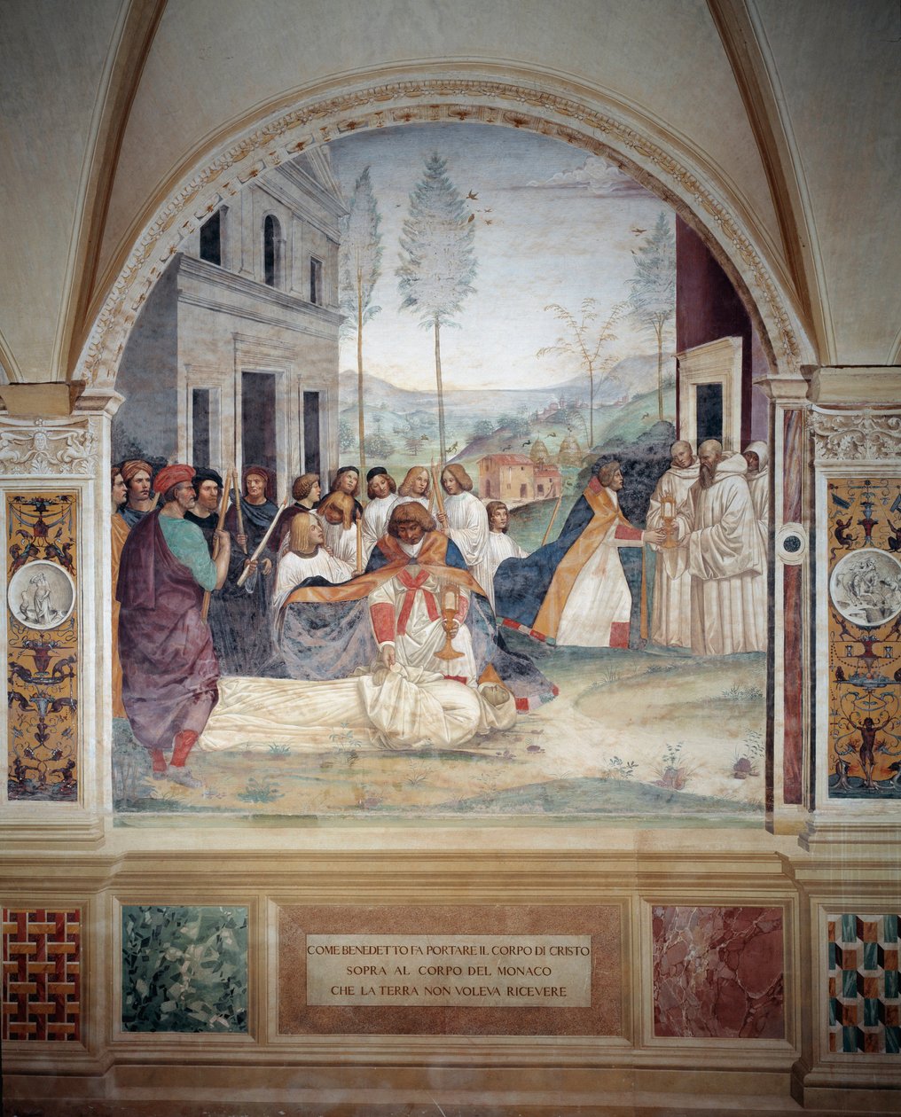 Saint Benoît porte le corps du Christ sur le corps du moine que la terre refuse d