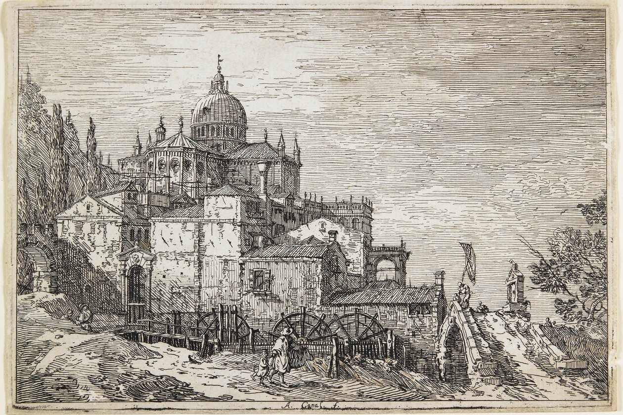 Paysage avec une église, des maisons et un moulin - Giovanni Antonio Canal