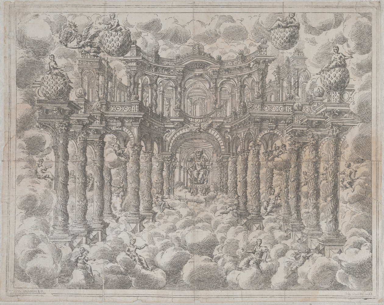 Planche 2 [contre-épreuve] : Décor de scène avec des figures allégoriques assises parmi les nuages - Giovanni Antonio Lorenzini