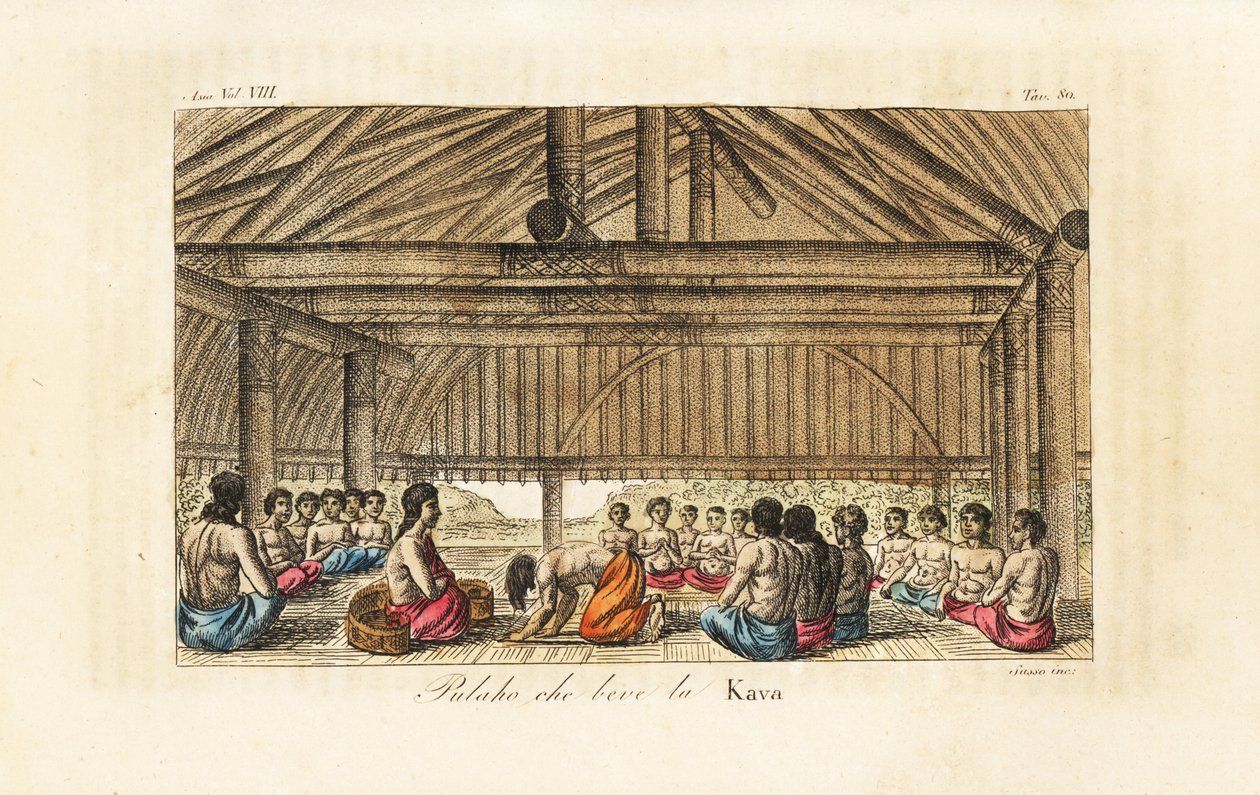 Le roi Polaho buvant du kava dans une maison longue, Tonga (Îles Amies). Gravure sur cuivre coloriée à la main par Sasso d