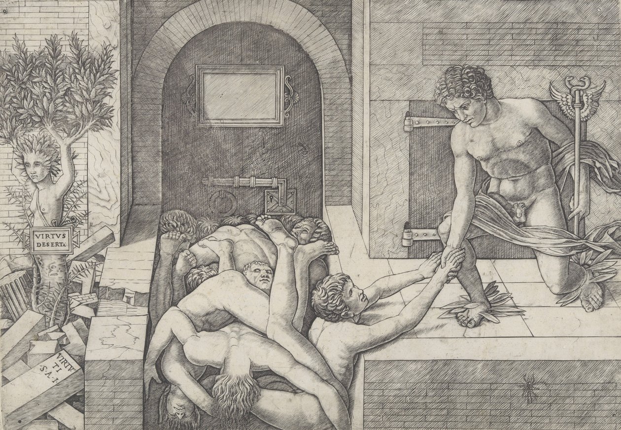 Ignorance et Mercure une allégorie de la Vertu et du Vice, Mercure agenouillé à droite - Giovanni Antonio da Brescia