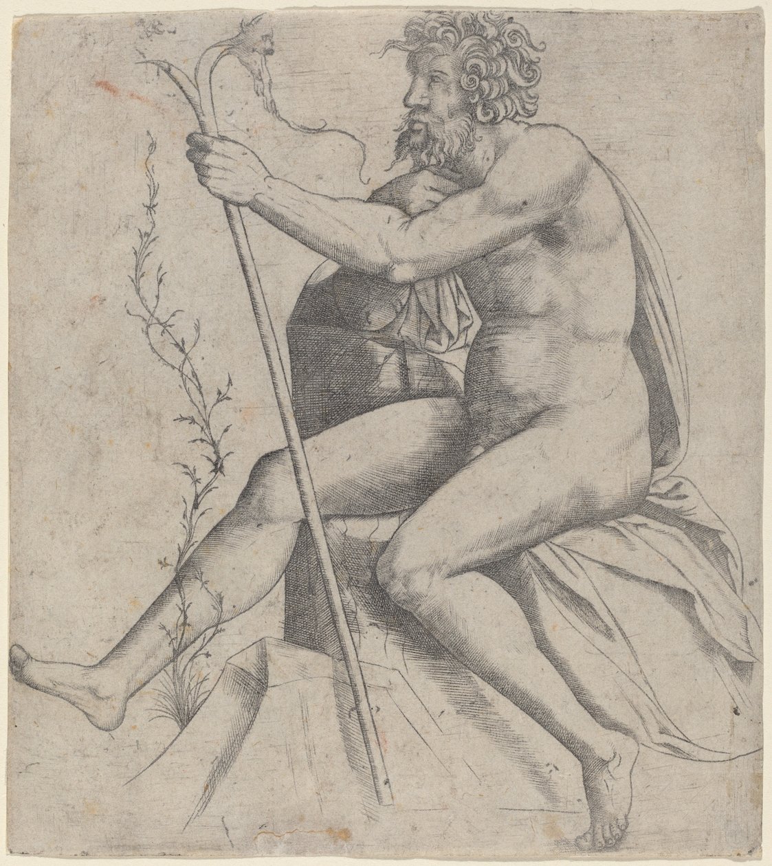 Homme Assis Tenant un Bâton Fourchu - Giovanni Antonio da Brescia