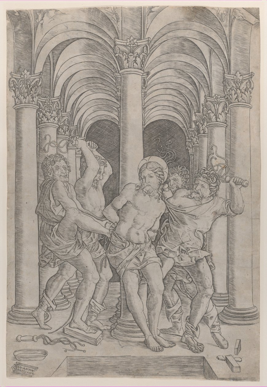La Flagellation du Christ attaché à une colonne au centre dans une arcade, 1509 - Giovanni Antonio da Brescia