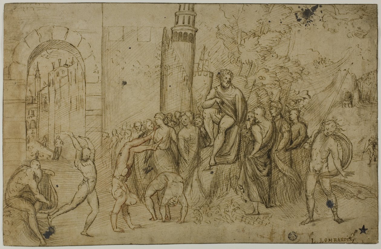 Acrobates se produisant devant une règle (recto) ; scène en plein air avec un groupe de personnages (verso) - Giovanni Antonio da Pordenone