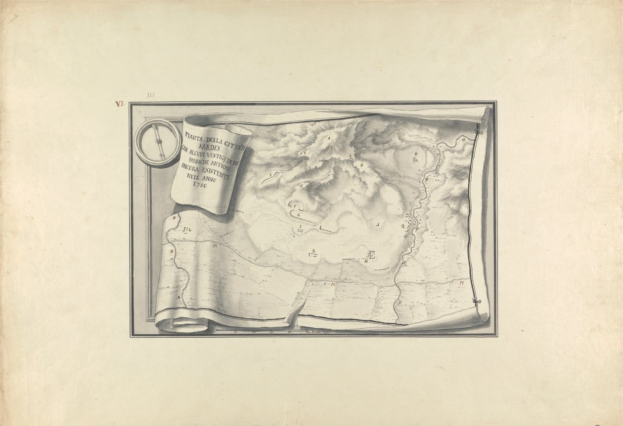 Plan des ruines de Sardes avec vestiges de bâtiments anciens encore existants en 1750 - Giovanni Battista Borra