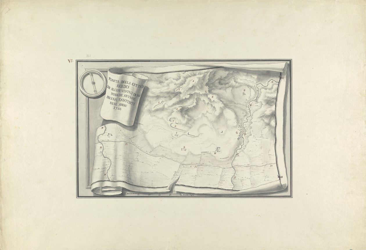 Plan des ruines de Sardes avec vestiges de bâtiments anciens encore existants en 1750, vers 1750 - Giovanni Battista Borra