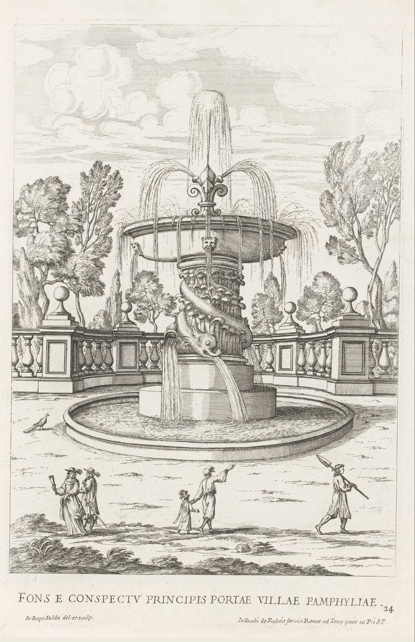 Fontaine avec des dauphins dans les jardins de la Villa Doria Pamphilj à Rome - Giovanni Battista Falda