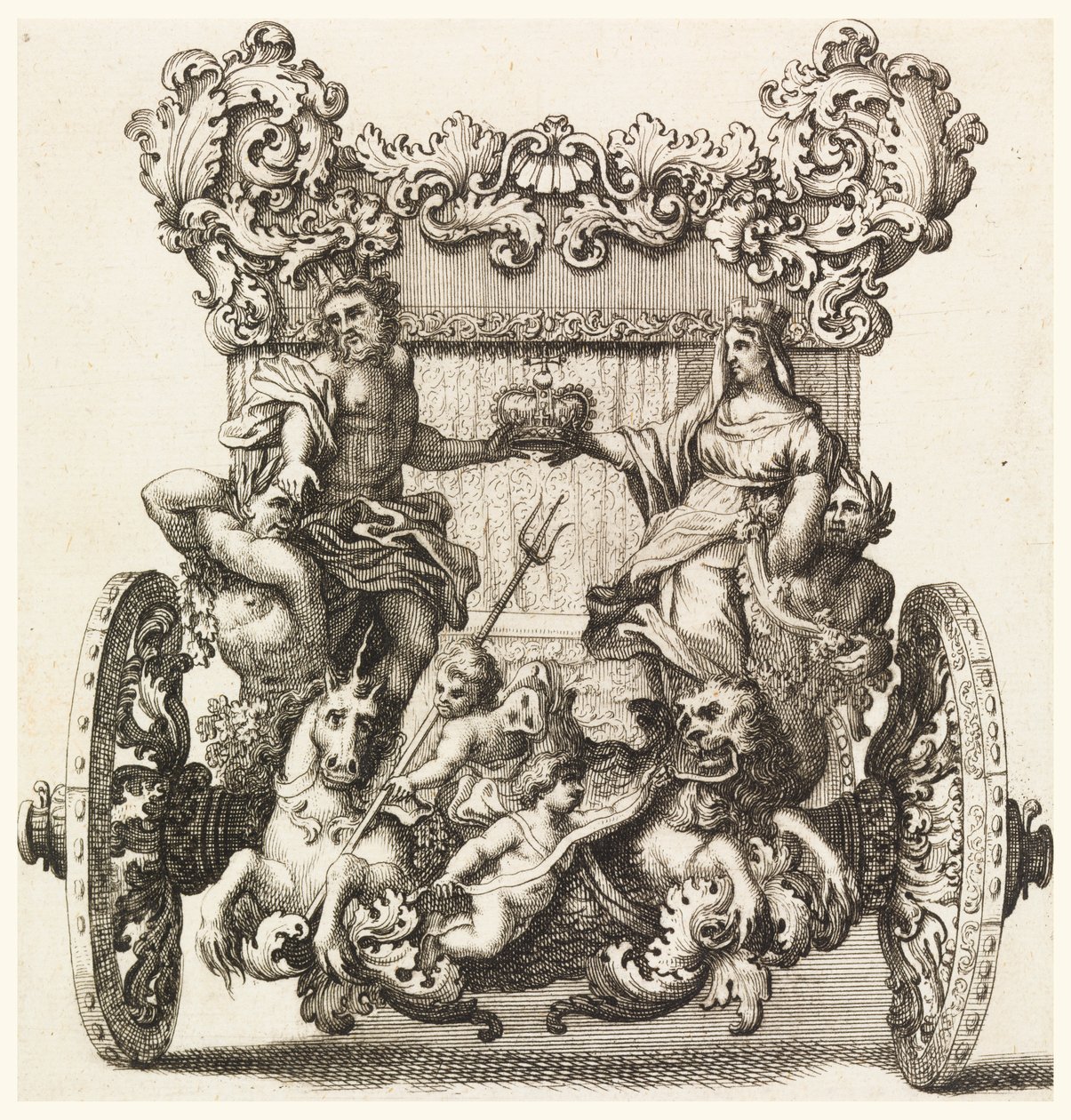 Vue arrière de la première calèche de Lord Catelmaine construite en 1686 par Andrea Cornely d