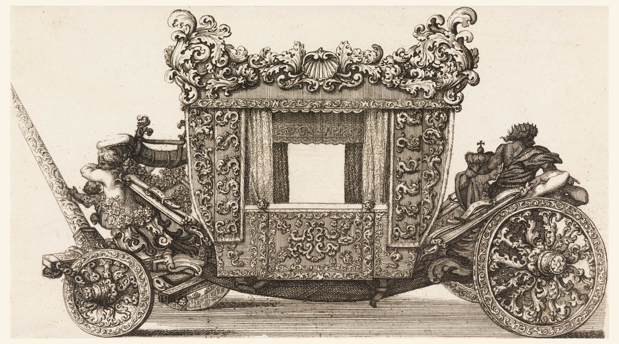 Vue latérale de la première voiture (1686) de Lord Castelmaine construite en 1686 par Andrea Cornely d