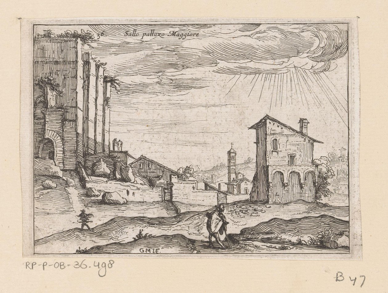 Ruines du Palazzo Maggiore à Rome et bâtiments environnants (Sallo pallazo Maggiore) (Vues de Rome) (Certaines vues et perspectives de lieux inhabités de Rome) - Giovanni Battista Mercati