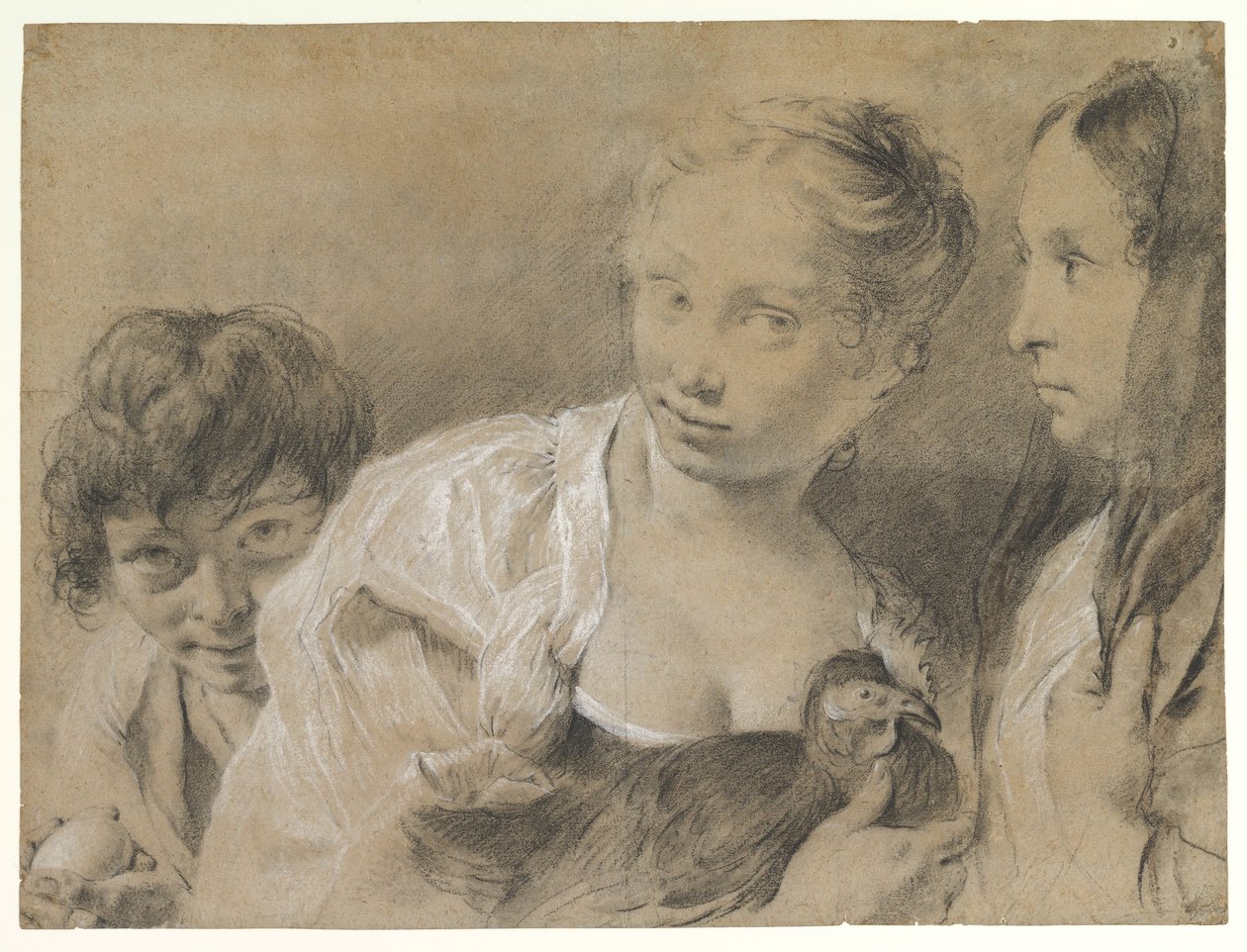 Garçon avec un œuf, fille avec une poule et femme observant - Giovanni Battista Piazzetta
