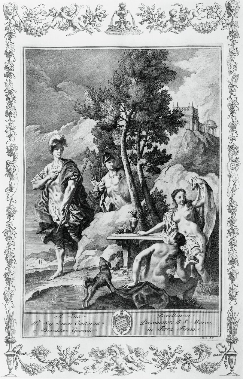 Carlo et Ubaldo dans les Îles Heureuses, gravure pour le Chant XV de La Jérusalem délivrée, par Torquato Tasso (1544-1595), édition de Giovanni Battista Albrizzi, Venise, Italie - Giovanni Battista Piazzetta