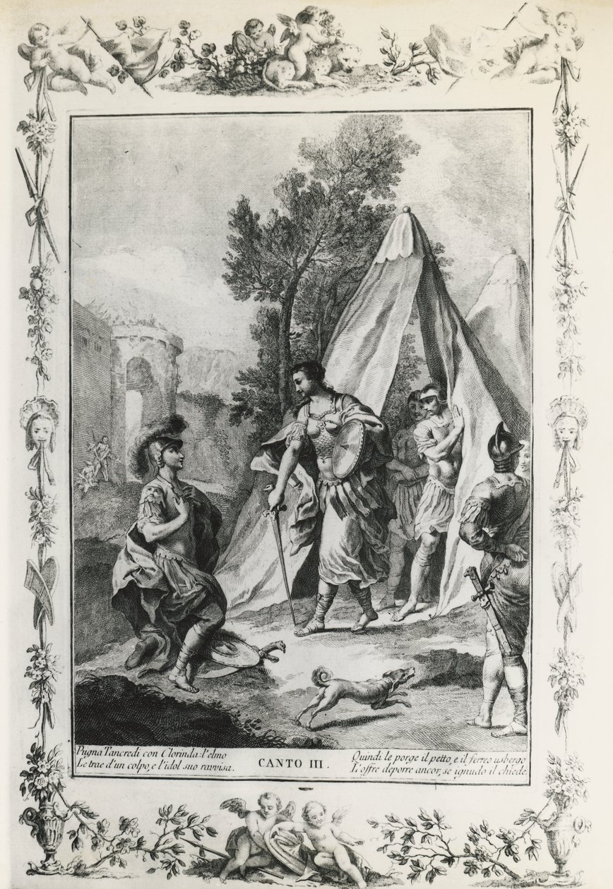 Jérusalem délivrée, chant III, illustration de Giovanni Battista Piazzetta (1683-1754) pour le poème de Torquato Tasso (1544-1595), édition publiée à Venise en 1745, Italie - Giovanni Battista Piazzetta