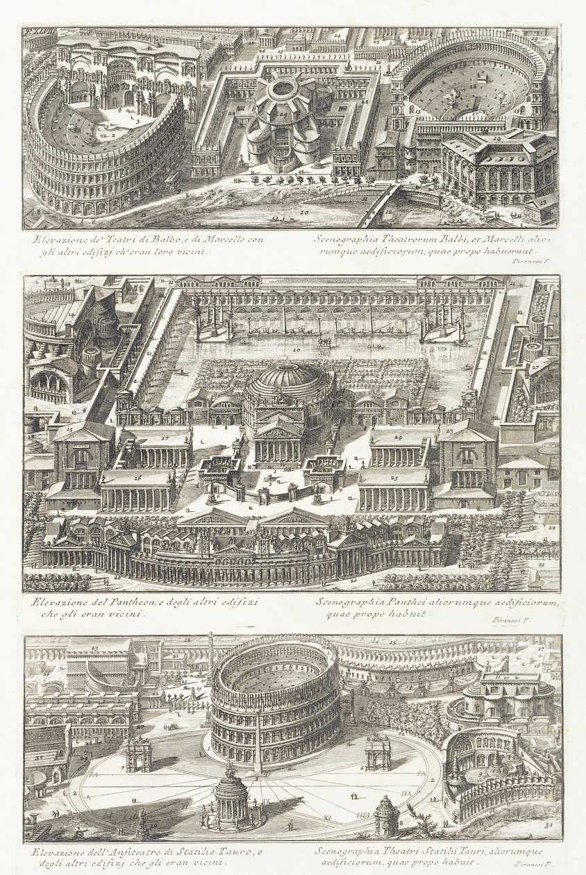 Vue aérienne : les théâtres Balbo et Marcello, le Panthéon et ses environs, et l