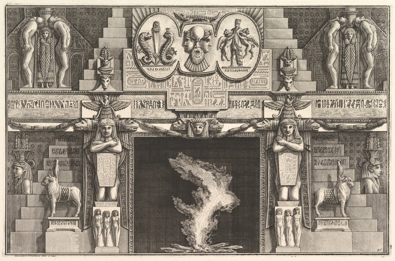 Cheminée de style égyptien : Groupes de trois femmes nues à la base de chaque jambage (détail) - Giovanni Battista Piranesi