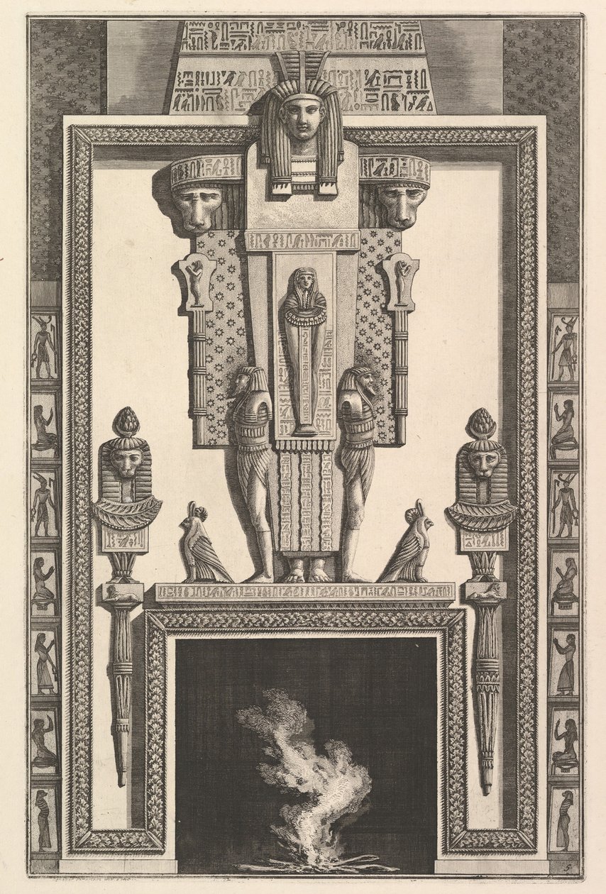 Cheminée de style égyptien : Momie superposée à une grande cariatide au-dessus du linteau, 1769 - Giovanni Battista Piranesi