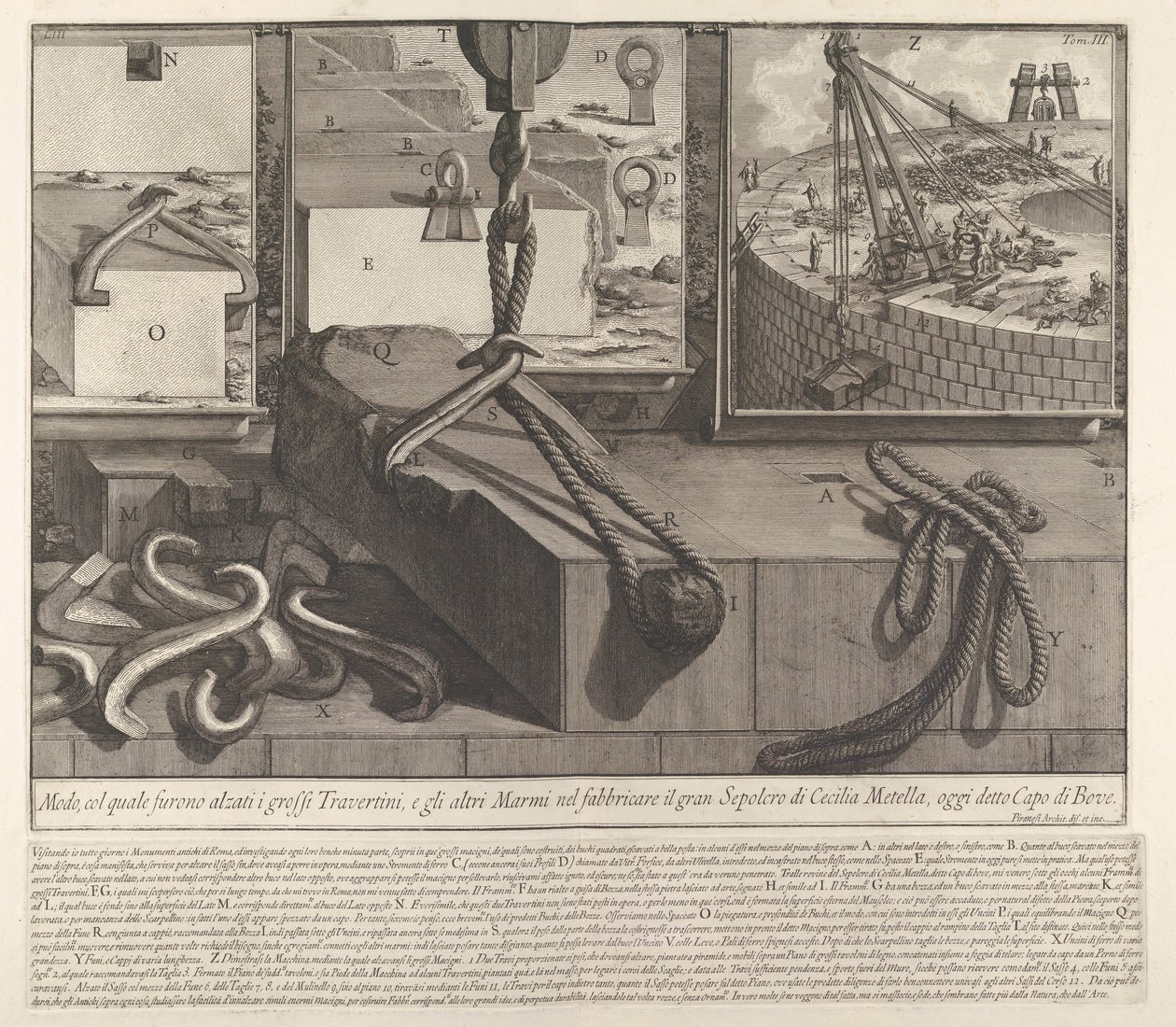 Panneau de démonstration montrant la technique pour soulever des blocs de travertin et de marbre pour la con..., 1756 - Giovanni Battista Piranesi