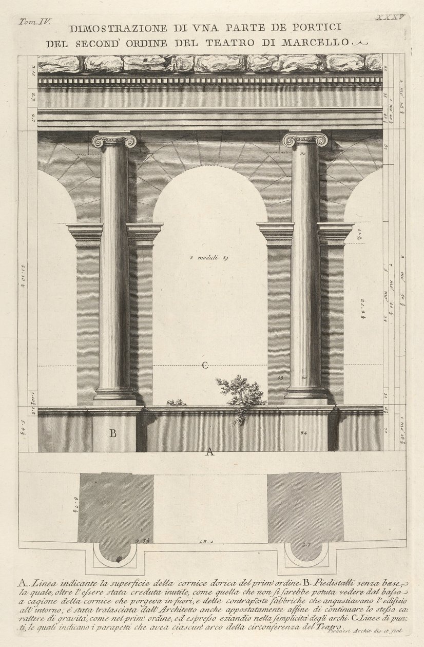 Élévation et plan du portique du second ordre au Théâtre de Marcellus Teatro di Marc..., 1756. - Giovanni Battista Piranesi