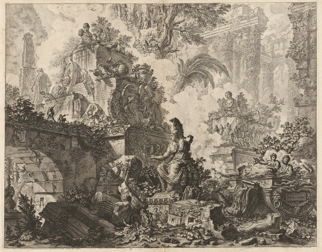 Frontispice, Fantaisie de ruines avec une statue de Minerve au premier plan, de Vedute di Roma (Vues de Rome) - Giovanni Battista Piranesi