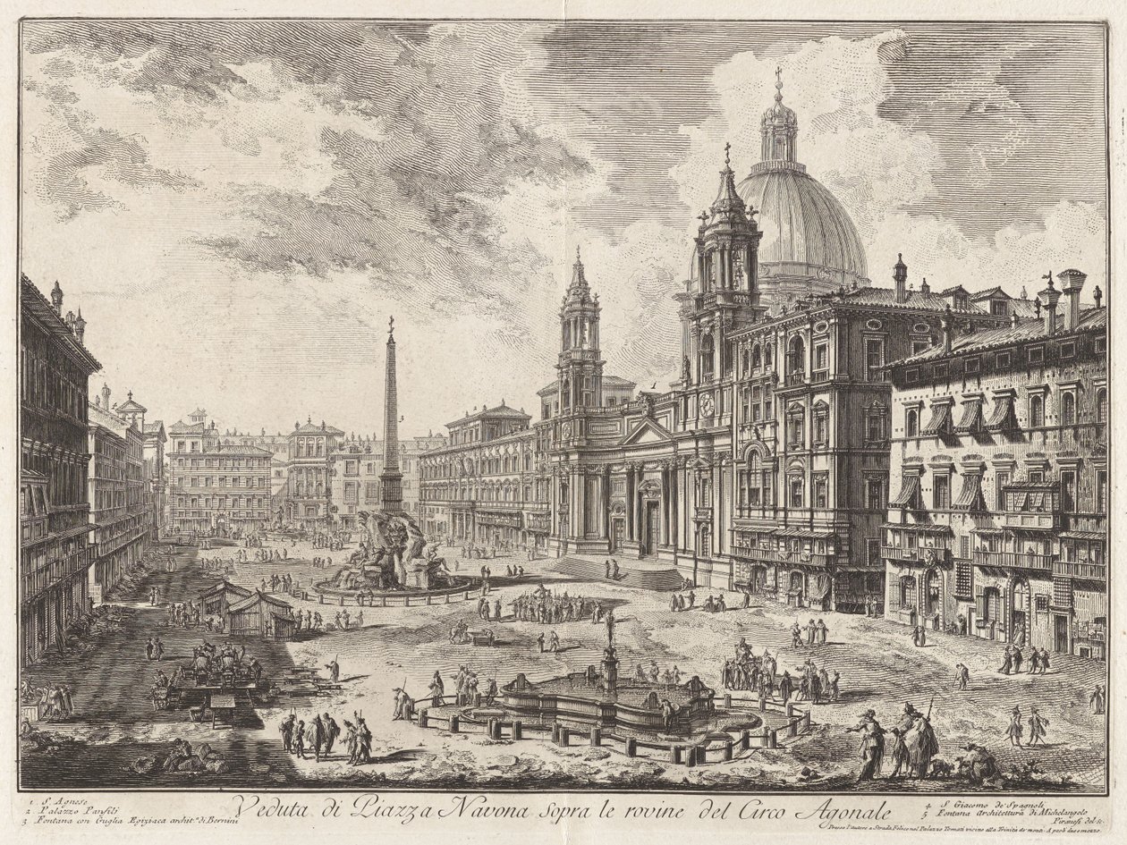 Vue de la Piazza Navona au-dessus des ruines du Cirque Agonal (Vue de la Piazza Navona au-dessus des ruines du cirque de Domitien), tirée de Vedute di Roma (Vues de Rome) - Giovanni Battista Piranesi