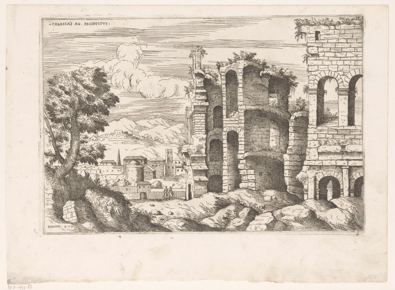 Vue sur le Colisée et ses environs à Rome (Ruines romaines, Praecipua aliquot Romanae Antiquitatis Ruinarum Monimenta) - Giovanni Battista Pittoni (I)